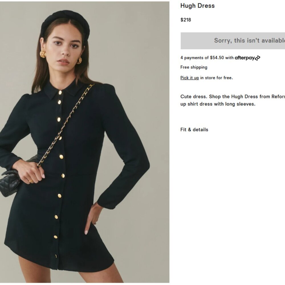 Reformation Hugh Collared Black Mini Dress with Collar & Gold Buttons